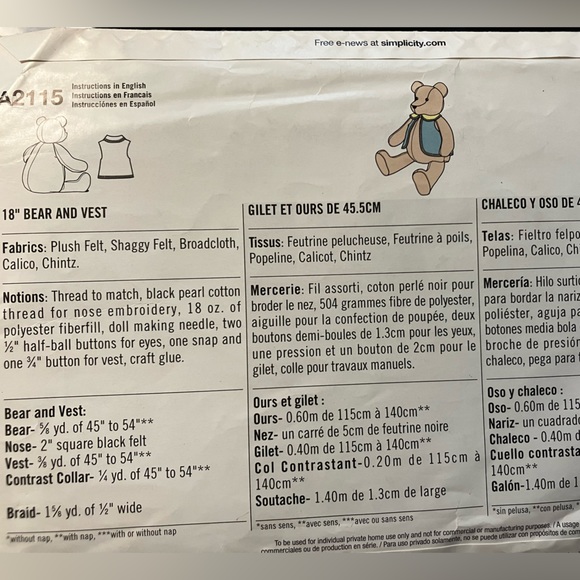 On Amazon, 49.95, Simplicity Pat. A2115, 18” Stuffed Bear & Vest. New/uncut. - Picture 4 of 4